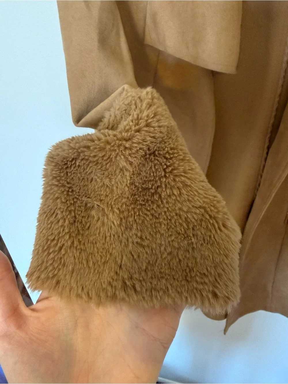 T Tahari Tan Faux Suede Trench Coat with Faux Fur Cuffs